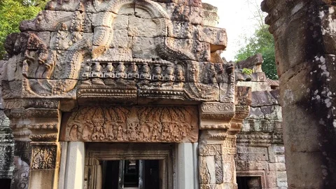 The bas-reliefs of the temple of  Preah Khan the archaeological Park of Angkor Stock Footage 106708260