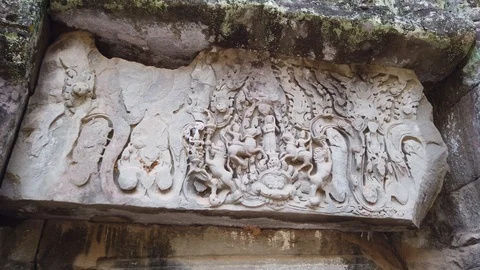Bas-reliefs of the temple of Ta Prohm in Angkor Wat (Siem Reap, Cambodia)  Stock Footage 105984951
