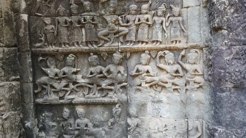 Bas-reliefs of the temple of Ta Prohm in Angkor Wat (Siem Reap, Cambodia)  Stock Footage 105985148