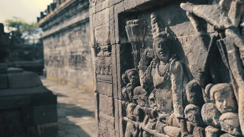 Bas reliefs on wall of Borobudur temple Stock-Footage 97685575