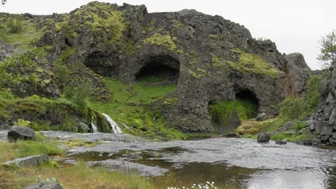 Basalt Caves and Cascading Stream in the Lush Gjáin Valley, Iceland Stock Footage 339967132