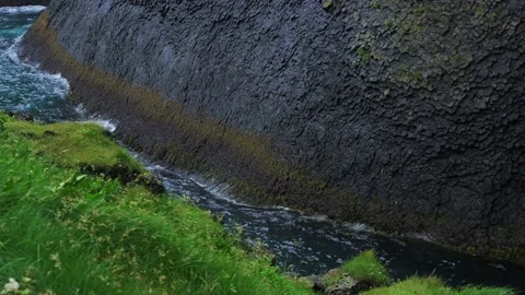 Basalt Columnar Cliffs with Stream and Moss, Iceland Stock Footage 341295247