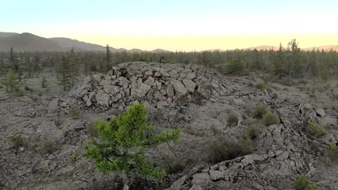 Basalt lava dome rises from cracked volcanic plain - Gas Bubbles and Rugged Land Stock Footage 339703956