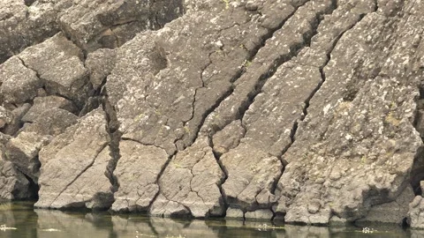 Basalt lava plain with lake water and dark volcanic rock - Reflection and Brown Stock Footage 339405347