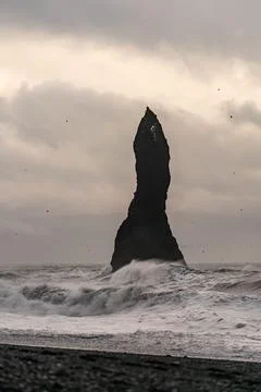 Basalt rock formations Troll toes on black beach. at storm Reynisdrangar, Vik Stock Photos
