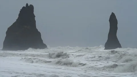 Basalt stack columns at Reynisdrangar, Iceland, Europe, slow motion. Stock Footage 110374594