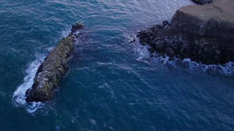 Basaltic cliffs aerial view showing vertical rock columns and crashing ocean Stock Footage 330893028