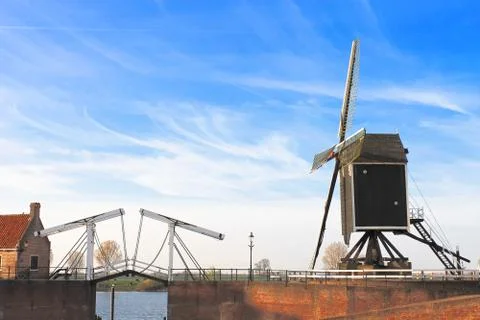 Bascule bridge and  windmill at sunset. heusden. netherlands Stock Photos
