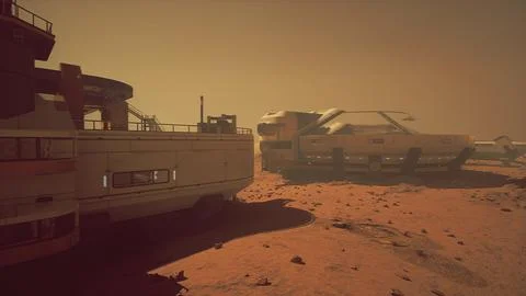 Base and spaceship on Planet Mars Stock Illustration