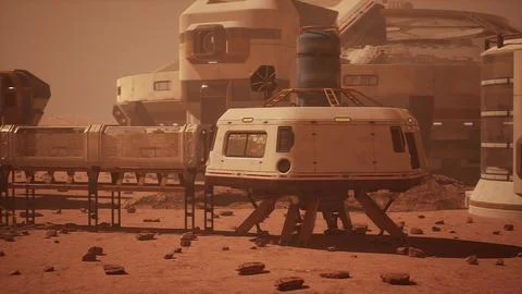 Base and spaceship on Planet Mars Stock Illustration