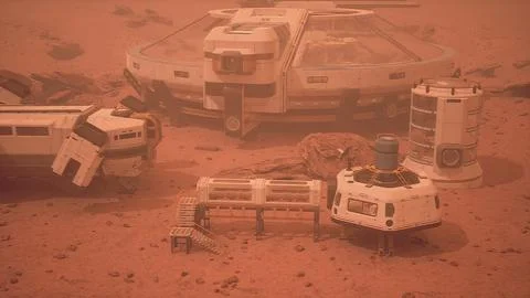 Base and spaceship on Planet Mars Stock Illustration