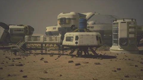 Base and spaceship on Planet Mars Stock Illustration