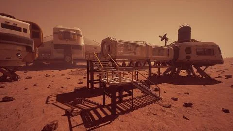 Base and spaceship on Planet Mars Stock Illustration