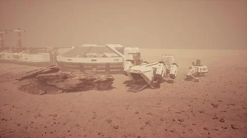 Base and spaceship on Planet Mars Stock Illustration