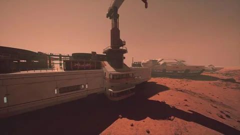Base and spaceship on Planet Mars Stock Illustration