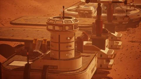 Base and spaceship on Planet Mars Stock Illustration