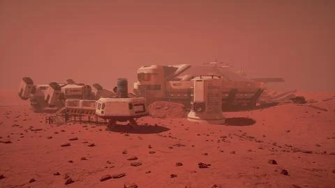 Base and spaceship on Planet Mars Stock Illustration