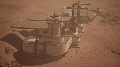 Base and spaceship on Planet Mars Stock Illustration