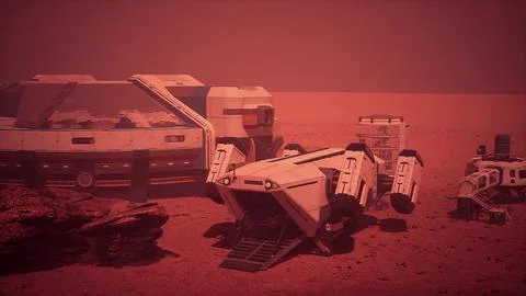 Base and spaceship on Planet Mars Stock Illustration