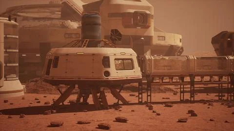 Base and spaceship on Planet Mars Stock Illustration