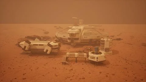 Base and spaceship on Planet Mars Stock Illustration