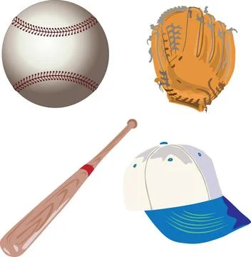 Base ball objects ball,bat,glove and cap of a baseball player (License=RF)... Stock Photos