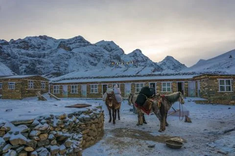 At the base camp at the Thorong La pass on April 7, 2018, on the track around Stock Photos