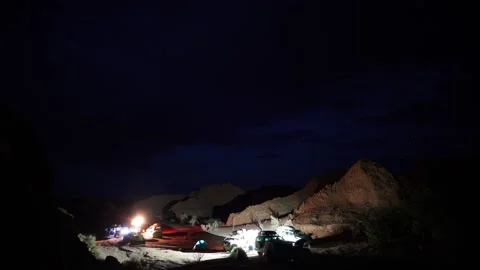 Base camp of tourists on off-road vehicles in the desert in the evening, time Stock Footage 164552003