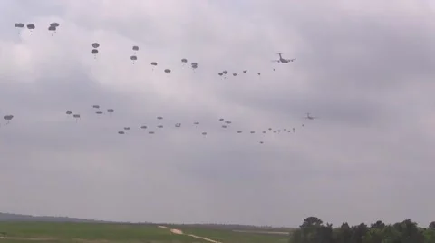 BASE CHARLSTON, MAY 2015, C17 aircraft parachute drop Stock Footage 56172892