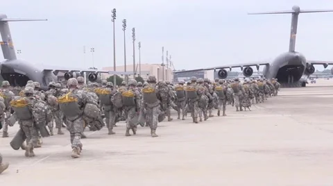 BASE CHARLSTON, MAY 2015, US Air Force Group Parachute Soldiers March Aircraft Stock Footage 56197396