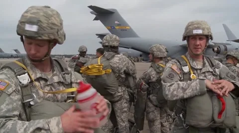 BASE CHARLSTON, MAY 2015, US Air Force Parachute Soldiers Drink Before Boarding Stock Footage 56228283