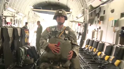 BASE CHARLSTON, MAY 2015, US Air Force Parachute Soldiers Enter C17 Aircraft Stock Footage 56230122