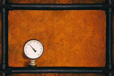 Base engineering grunge style background rusty old metal frame pipe monometer Foto stock