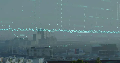 Base glowing points appearing starting teal graph rising above hazy skyline Stock Footage 314687336