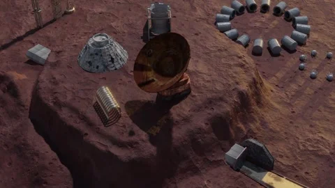 Base on a hill on the planet mars mountainous terrain, asteroid craters, hollows Video stock 242609349