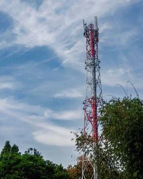 Base transceiver station (BTS) tower behind the trees Stock Photos