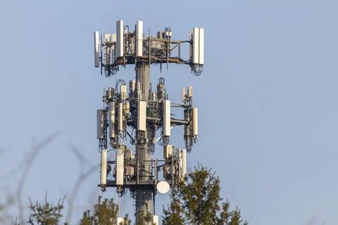A Base transceiver station towering above trees at a rural location. These po Stock Photos