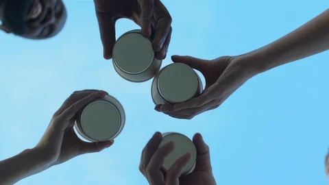 Base view people clinking paper glasses, colleagues celebrating end of work week Stock-Footage 117196060