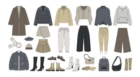 Base winter wardrobe. Female stylish outfits capsule set, warm women fashion Stock Illustration