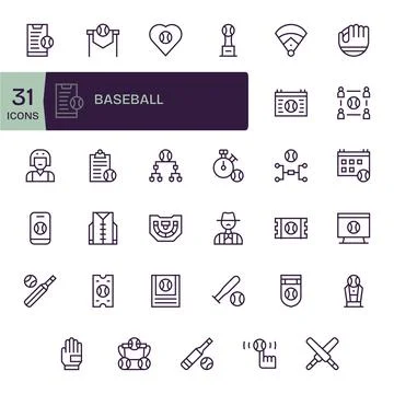 Baseball 256x256 Vector Icon Pack with 35 Regular Line Pixel Aligned Elements 库存插图