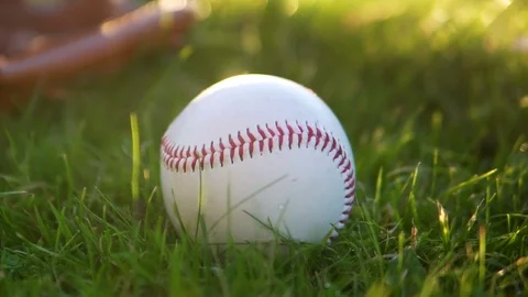 Baseball And Glove Mitt On Grass Pan, Establishing Shot For Sports With Sun Stock Footage