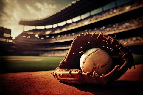 Baseball and Glove in Stadium Stock Illustration