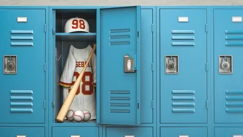 Baseball ball and bat in a school locker room.  Baseball sport equipment an.. Stock Illustration