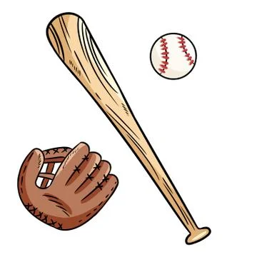 Baseball ball, cap and bat hand drawn doodles set Stock Illustration