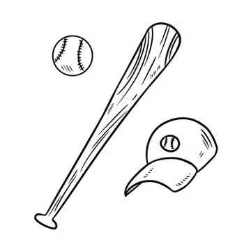 Baseball ball, cap and bat hand drawn sketch doodles set Illustrazione stock