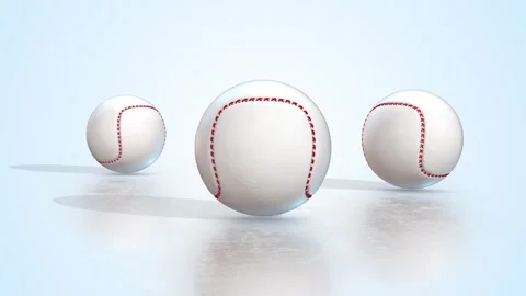Baseball Balls on a Reflective Floor. Hand Stitched Baseball Ball 3D Animation. Stock Footage 295053323