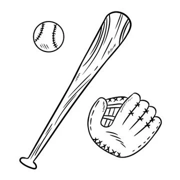 Baseball, baseball bat and catchig glove doodles. Hand drawn sketch image set Stock Illustration