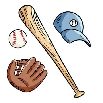 Baseball, baseball bat, hat and catchig glove doodles. Hand drawn image set Stock Illustration