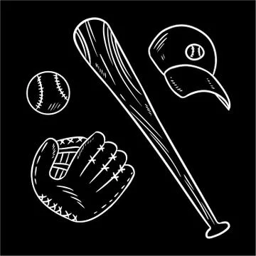 Baseball, baseball bat, hat and catchig glove chalkboard doodles. Hand drawn Stock Illustration