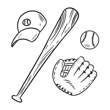 Baseball, baseball bat, hat and catchig glove doodles. Hand drawn sketch imag Illustrazione stock